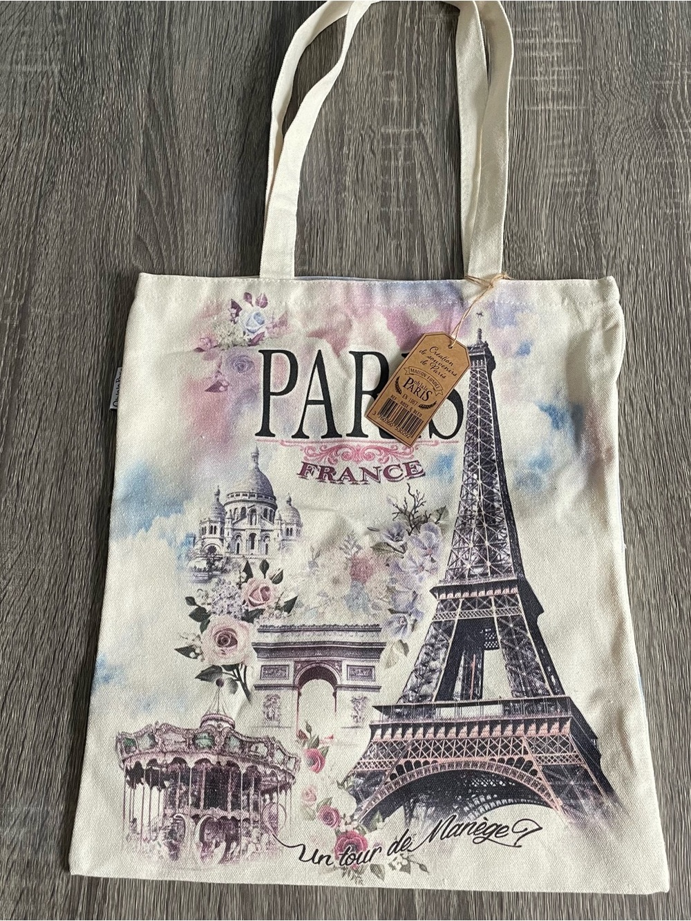 Paris Floral Canvas Tote Bag in Cream